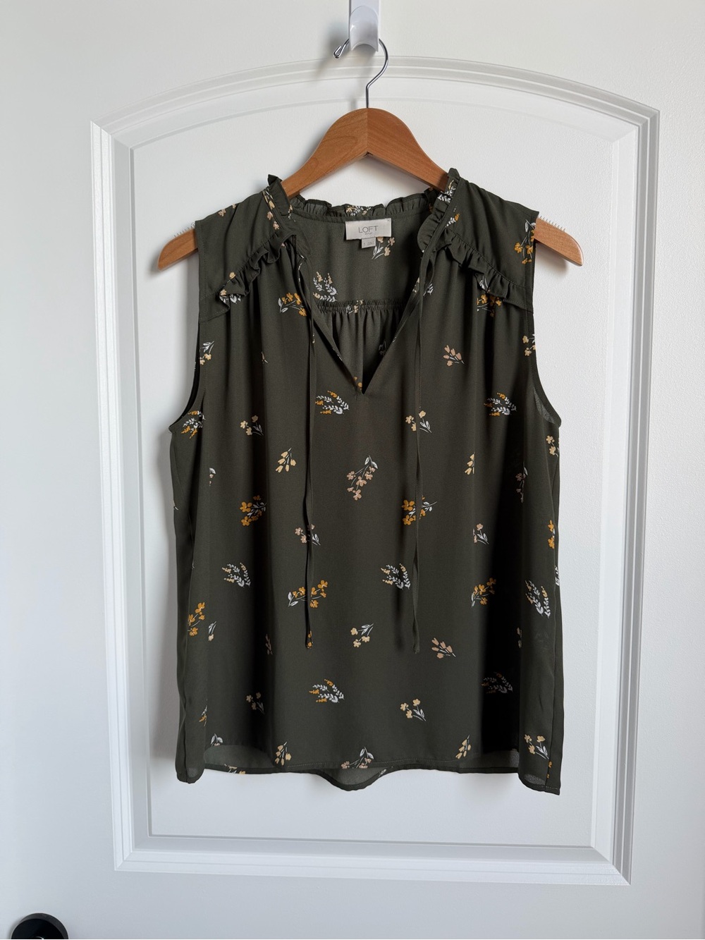 LOFT Outlet Olive Green Floral Ruffle Shell